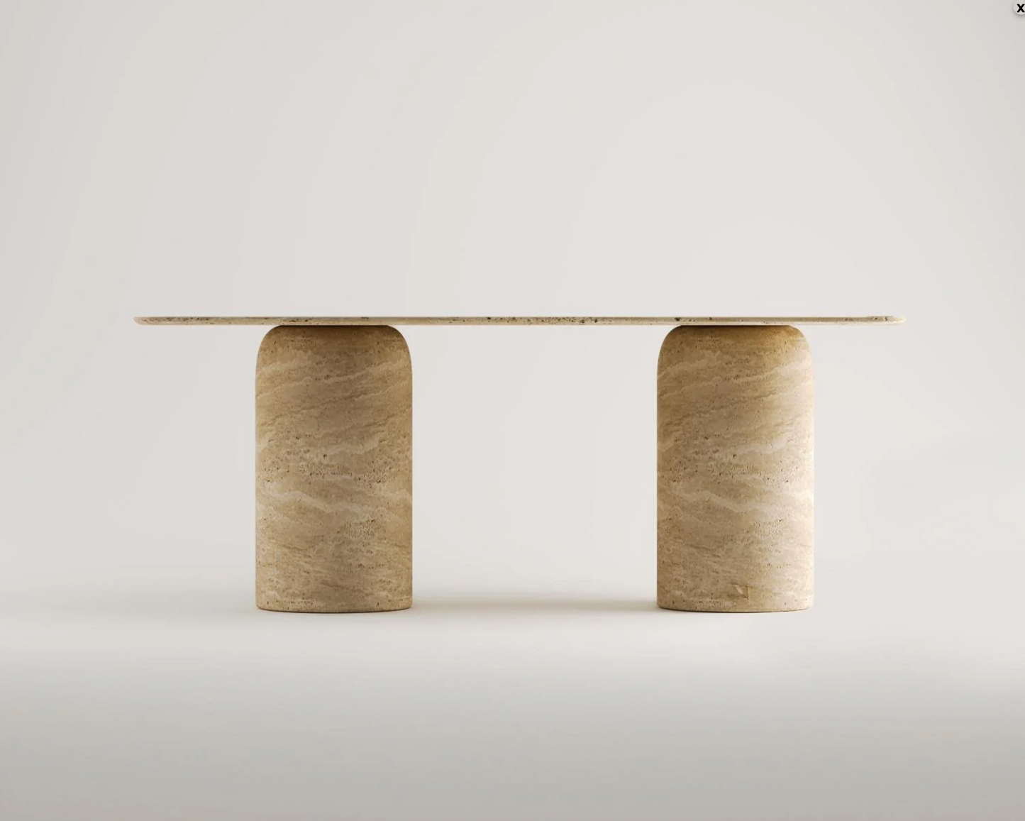 Luise Travertin Esstisch – Handgefertigter Natursteintisch mit runder Doppelsäulenbasis – 190 × 90 cm