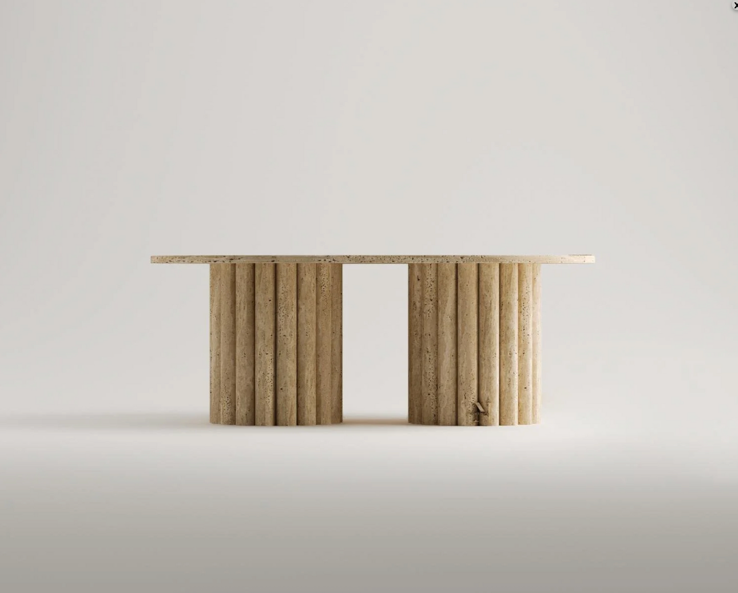 AMELIA Travertin Couchtisch – Oval 110×70 cm – Doppelsäulen aus echtem Naturstein