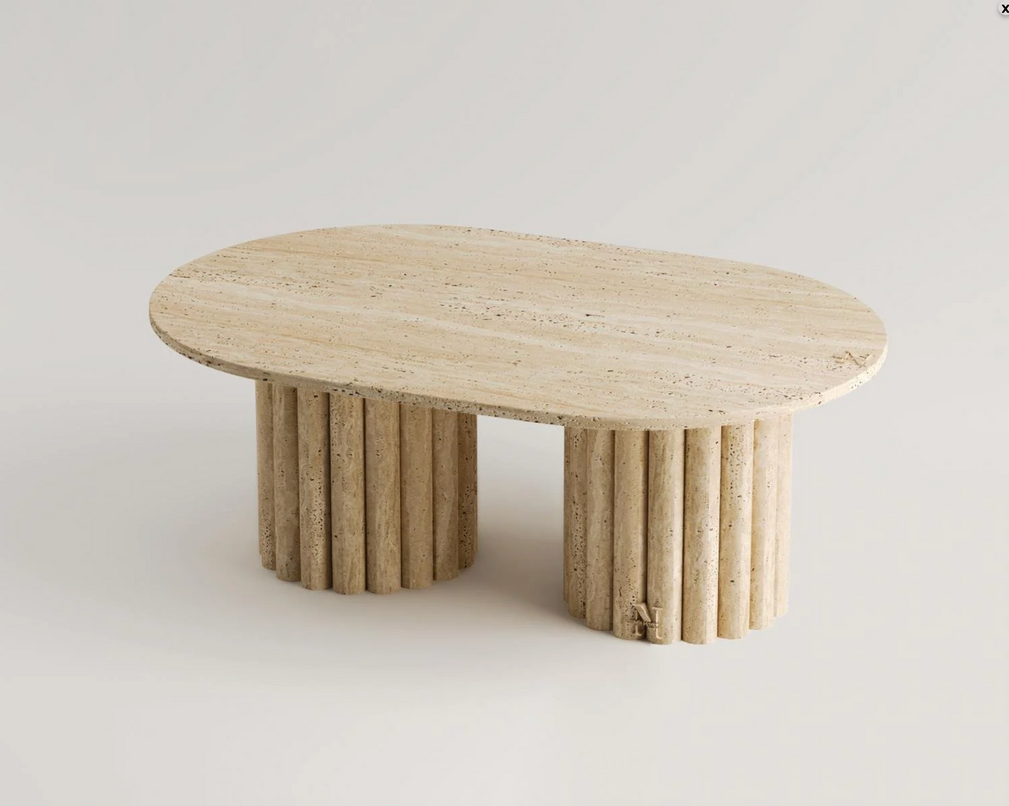 AMELIA Travertin Couchtisch – Oval 110×70 cm – Doppelsäulen aus echtem Naturstein