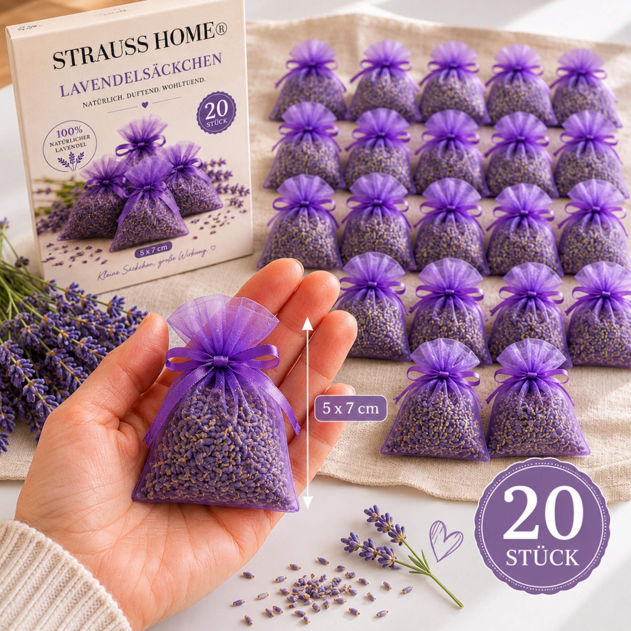 Lavendelsäckchen 20er Pack – Duftkissen 5×7 cm mit natürlichem Lavendel · Strauss Home