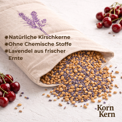Kirschkernkissen mit Lavendel 20x50cm – Mikrowellengeeignetes Wärmekissen gegen Verspannungen in Nacken, Schultern und Rücken – Natürliche Kirschkerne und getrockneter Lavendel