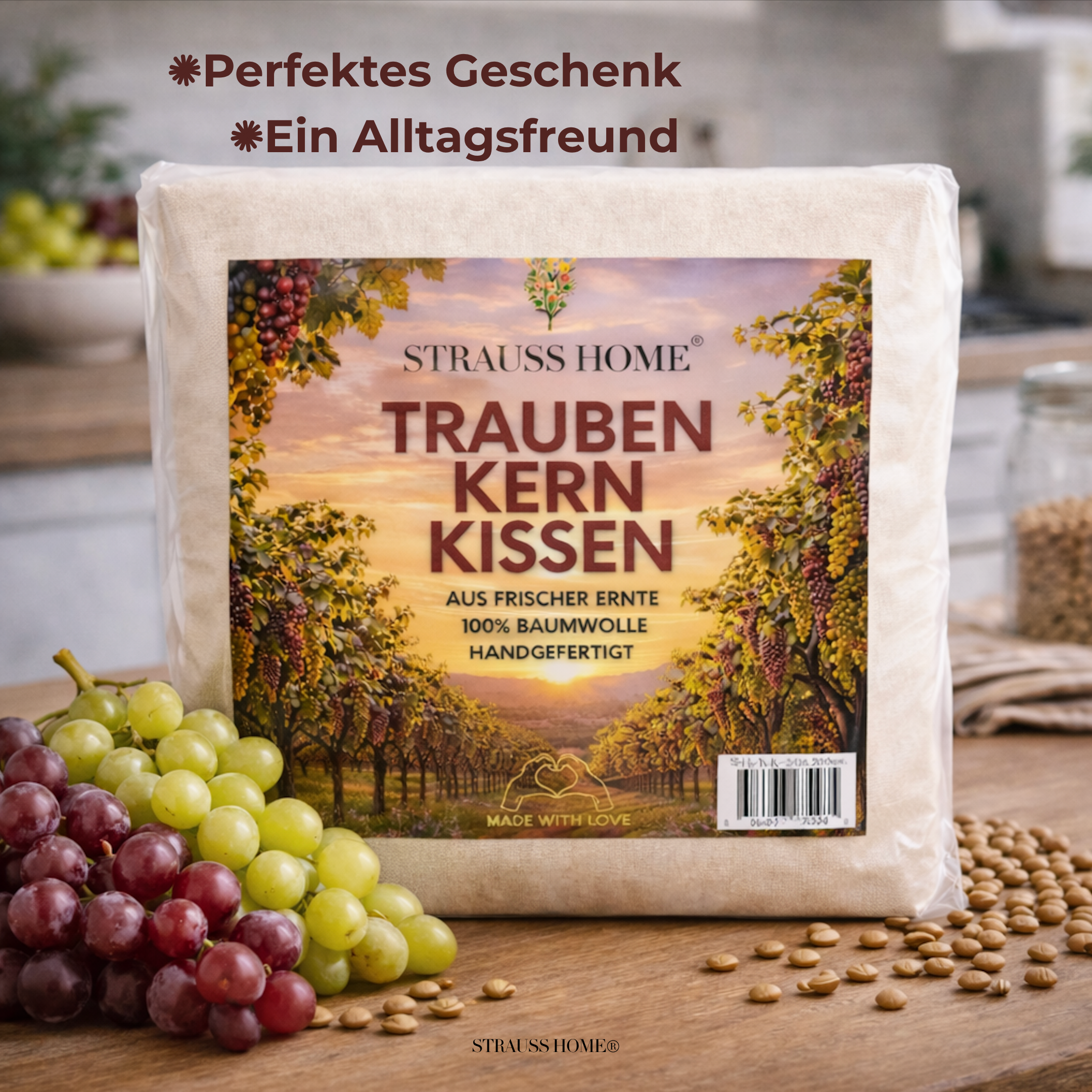 Strauss Home® Traubenkernkissen groß – mikrowellengeeignetes Wärmekissen – gegen Verspannungen von Nacken und Schultern oder Koliken – natürliche Traubenkerne – abnehmbarer, waschbarer Bezug – 20x50cm