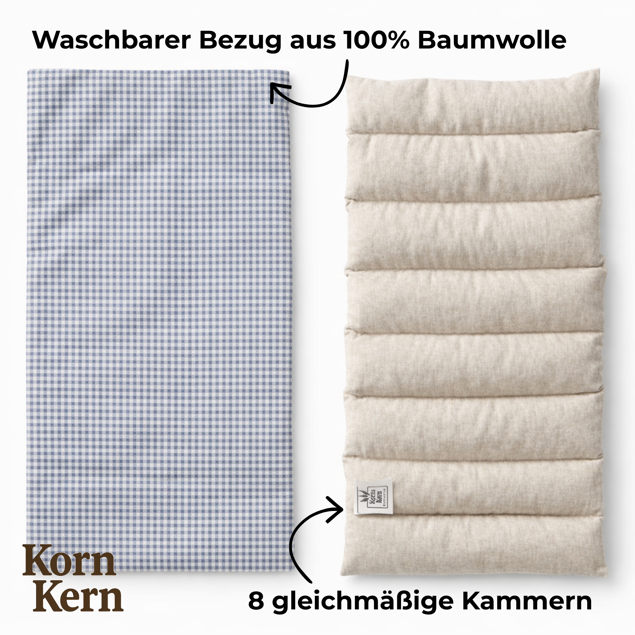 STRAUSS HOME® X KORN & KERN Manufaktur® Körnerkissen XXL 1200gr 8 Kammern – 50×20 cm Premium Wärmekissen für Nacken, Rücken & Schultern – Mikrowellenkissen als Kirschkernkissen-Alternative