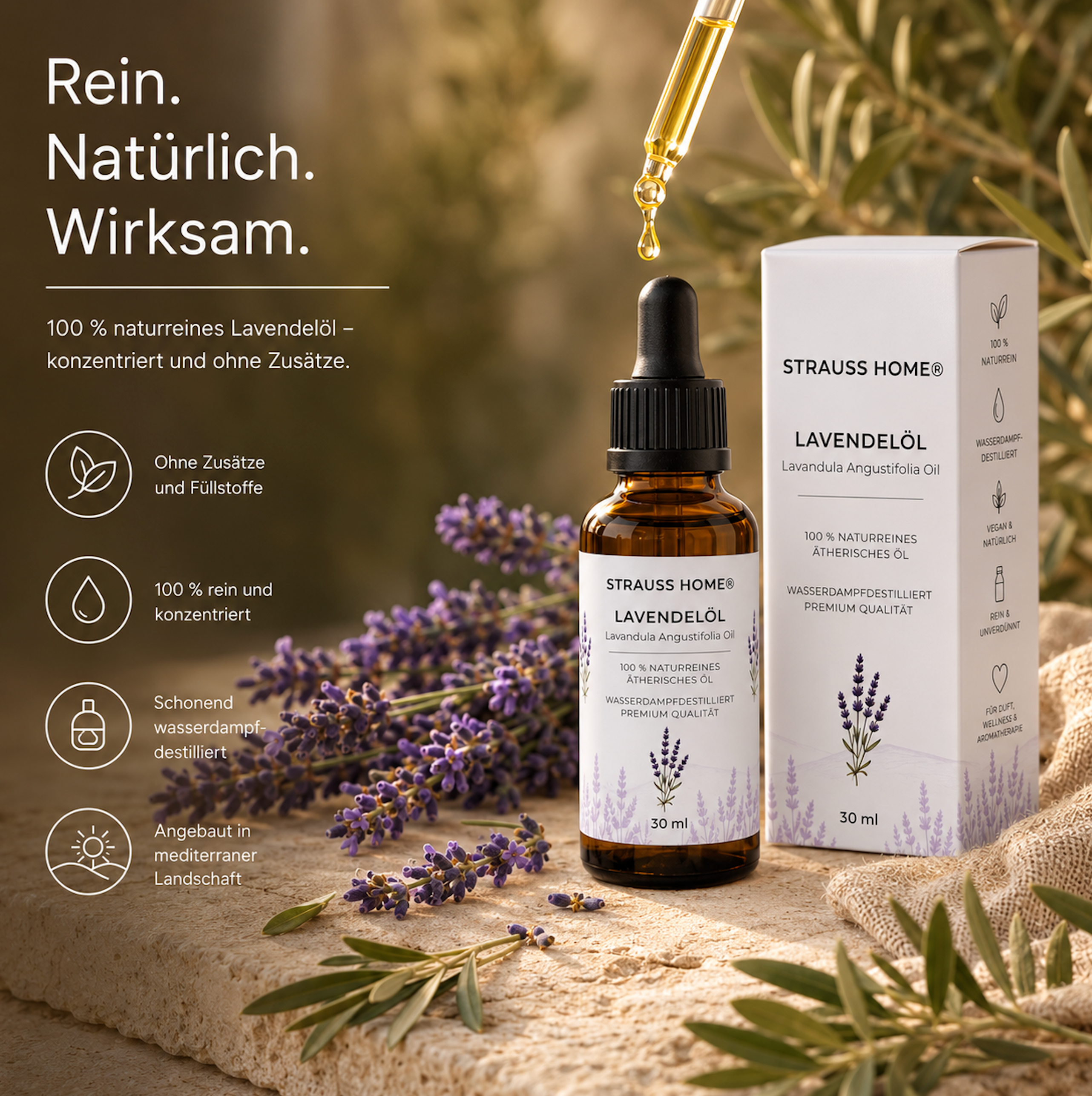 Lavendelöl 30ml – 100% naturreines ätherisches Öl – Lavandula Angustifolia – Lavendel Öl für Aromatherapie, Diffuser, Massage, Entspannung & Raumduft