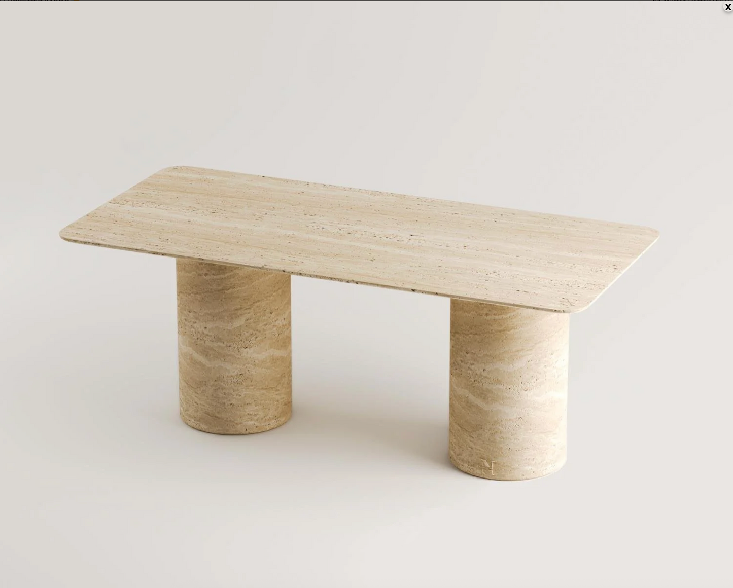 Luise Travertin Esstisch – Handgefertigter Natursteintisch mit runder Doppelsäulenbasis – 190 × 90 cm