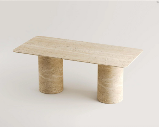 Luise Travertin Esstisch – Handgefertigter Natursteintisch mit runder Doppelsäulenbasis – 190 × 90 cm