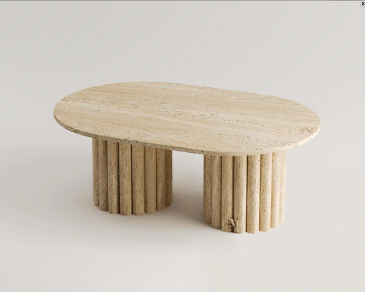 AMELIA Travertin Couchtisch – Oval 110×70 cm – Doppelsäulen aus echtem Naturstein