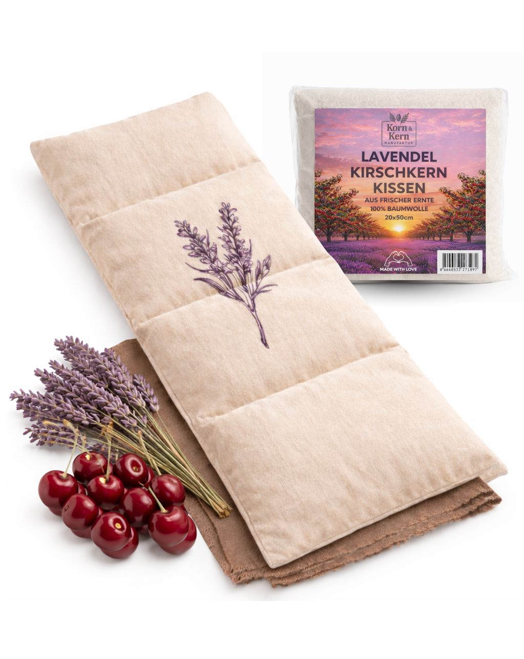 Kirschkernkissen mit Lavendel 50x20 cm – Wärmekissen Mikrowelle Strauss Home